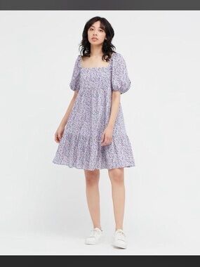 Uniqlo Square Neck Puff Sleeve Floral Mini Dress in Lavender sz Small